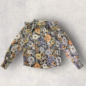 BB Dakota Floral Ruffle Neck Blouse Smocked Elastic Cuffs Long Sleeve Medium